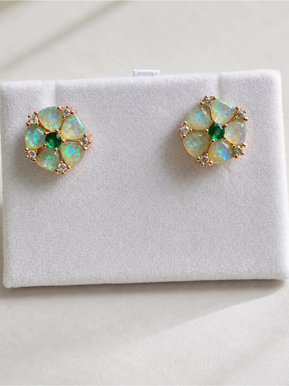 Gold Plated Created Opal Flower & Topaz and Zircon Stud Earrings